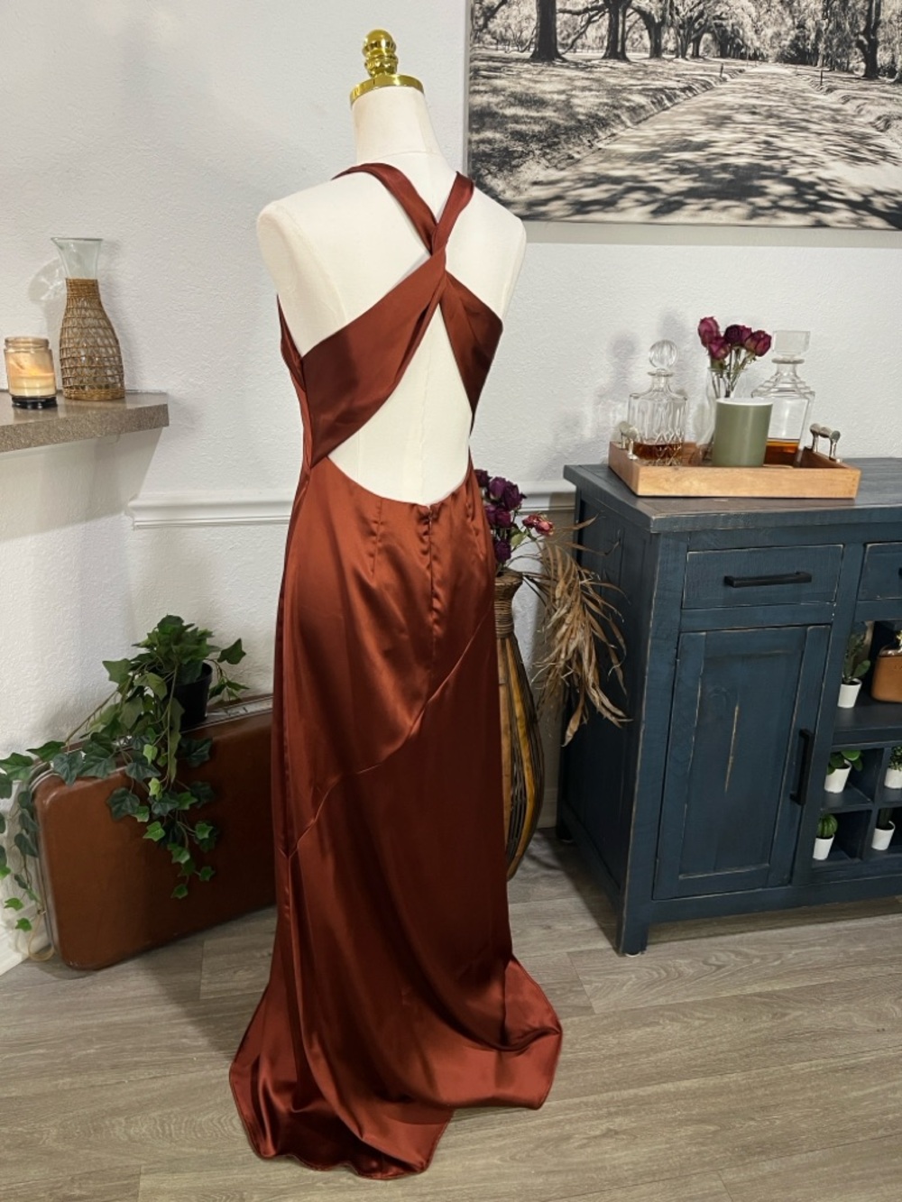 Lulu’s Satin V-Neck Slip Gown in Copper Brown NWT Medium - Picture 6 of 16